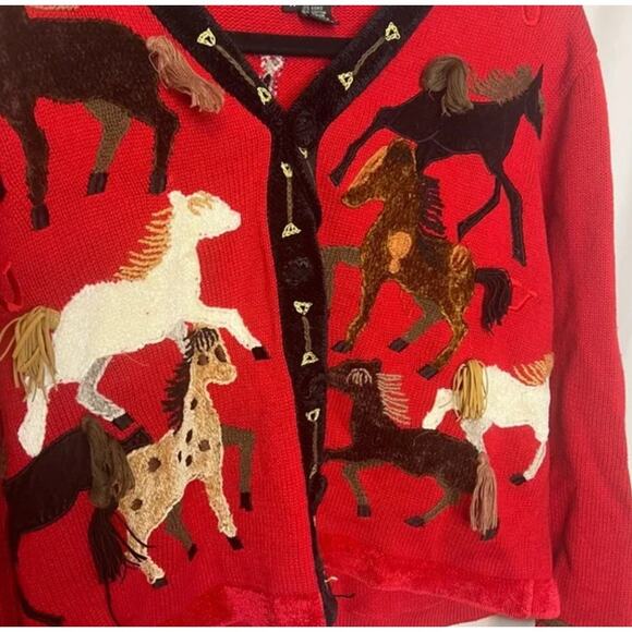 Berek Horse Cardigan Sweater Medium Red Black Trim Equestrian Western Y2K - Picture 2 of 5